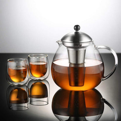 Teekanne 1500ml mit Stövchen Edelstahl Glas Teewärmer Suit