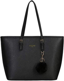 Damen Handtasche Schwarz Shopper Leder Groß Kaninchen Pelz Plüsch