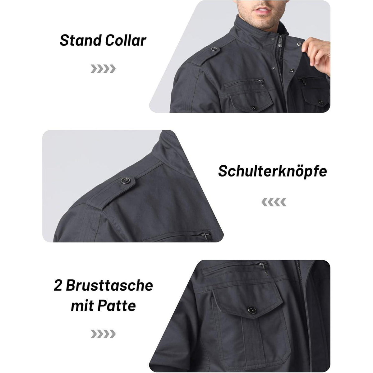 Herren Übergangsjacke Cargo Militärjacke Winddicht Grau 3XL