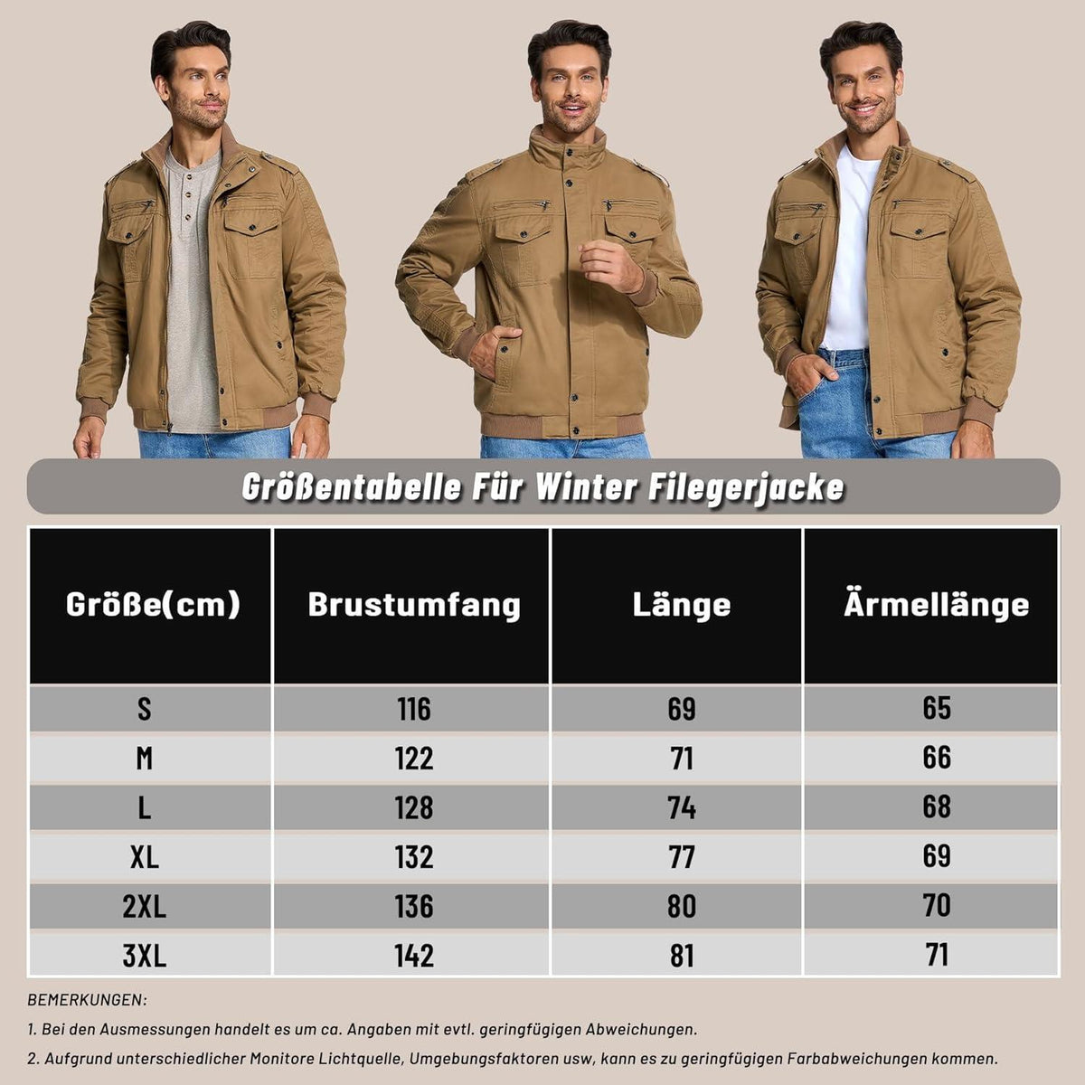 Herren Winterjacke Sherpa gefüttert Khaki 3XL