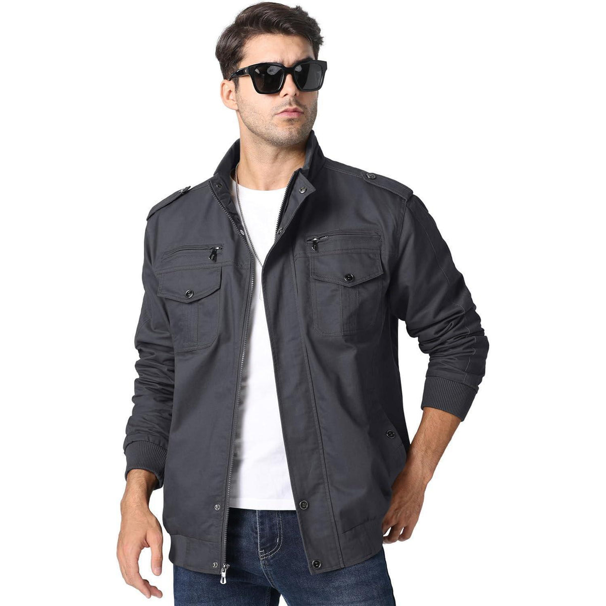 Herren Übergangsjacke Cargo Militärjacke Winddicht Grau XL
