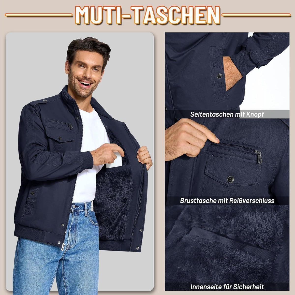 Herren Winterjacke Sherpa gefüttert Dunkelblau M