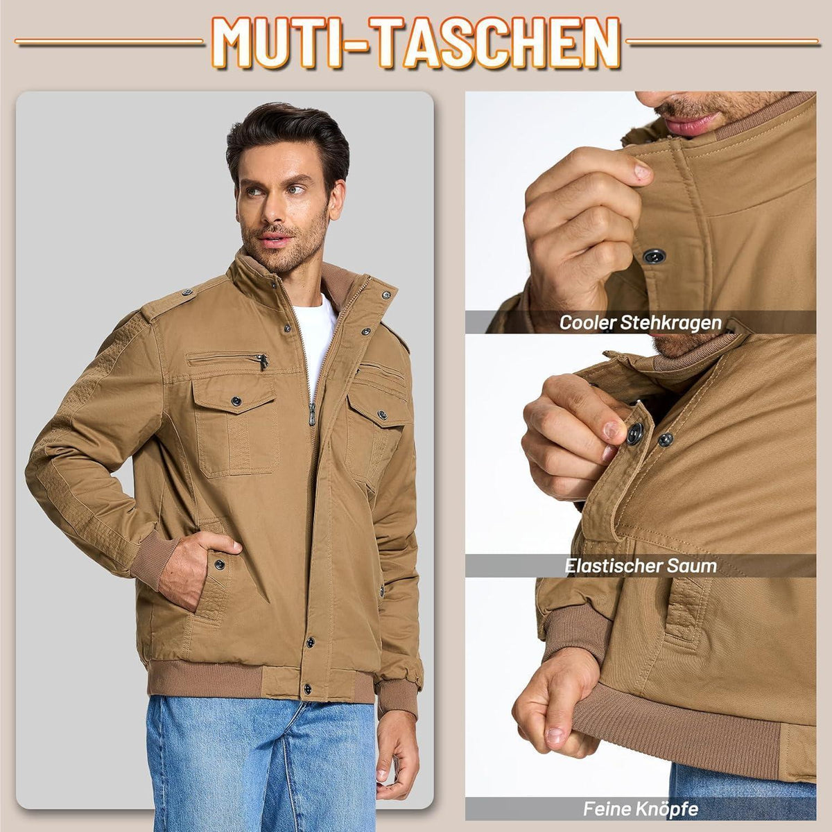 Herren Winterjacke Sherpa Gefüttert Khaki S