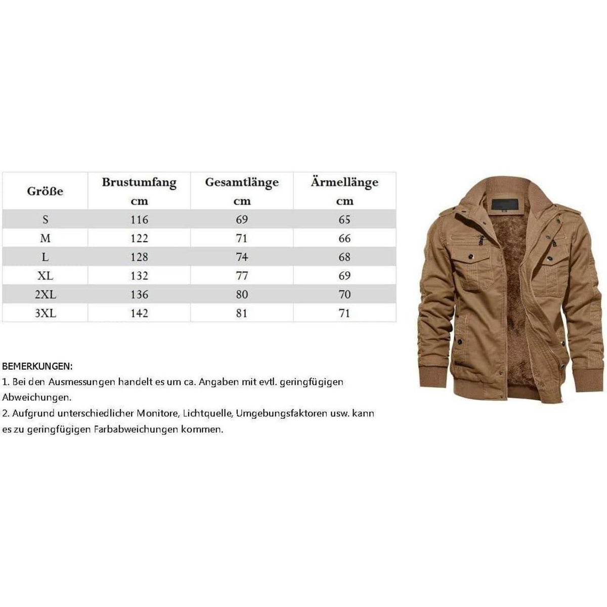 Herren Winterjacke Sherpa Gefüttert Khaki S