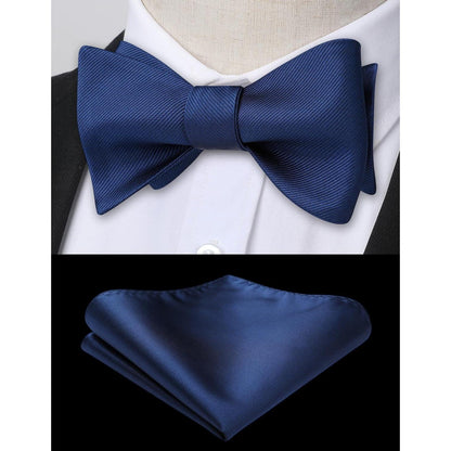 Herren Fliege mit Einstecktuch, Navy Blau, Jacquard, Handarbeit