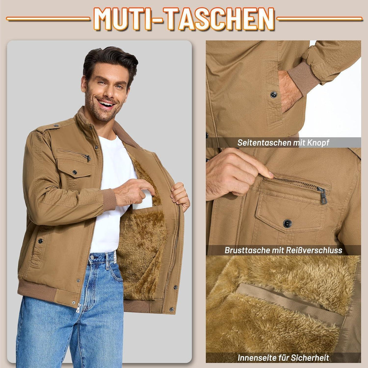 Herren Winterjacke Sherpa gefüttert Khaki XXL