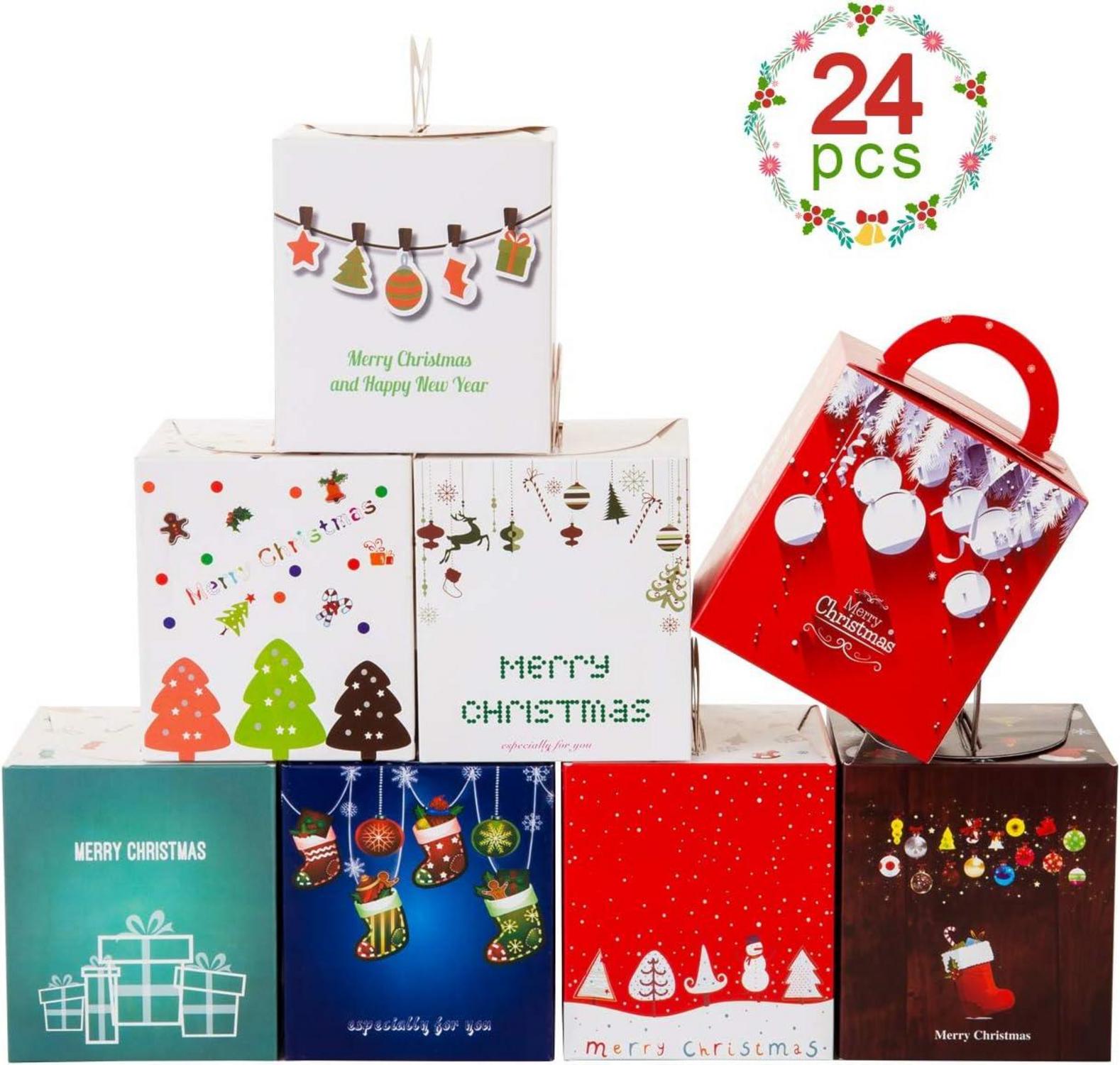 24x Weihnachten Geschenkboxen Karton Henkel Gebäcke Kekse 9x9x10cm