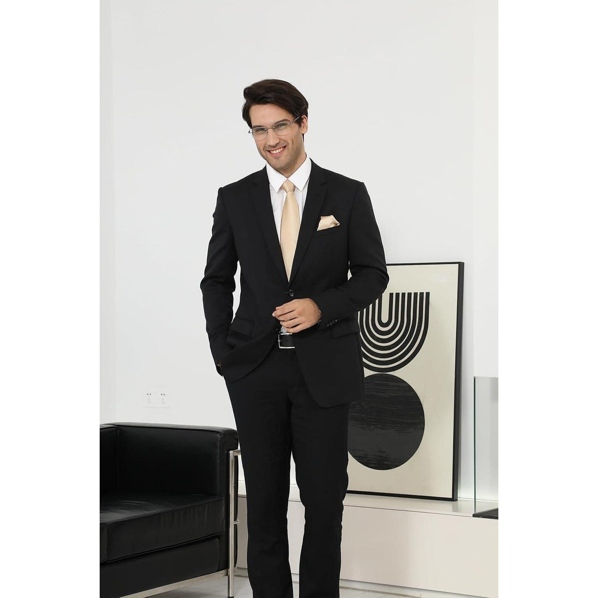Herren Krawatten-Set mit Einstecktuch & Krawattenklammer, Beige