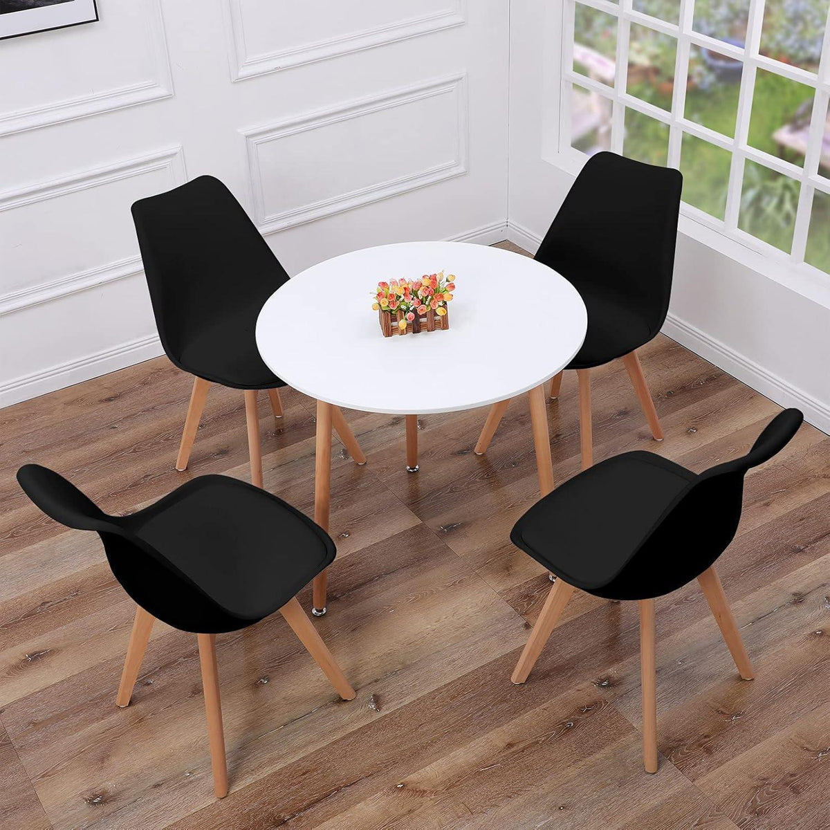 Runder Esstisch Set Schwarz mit 4 Stühlen Retro Design