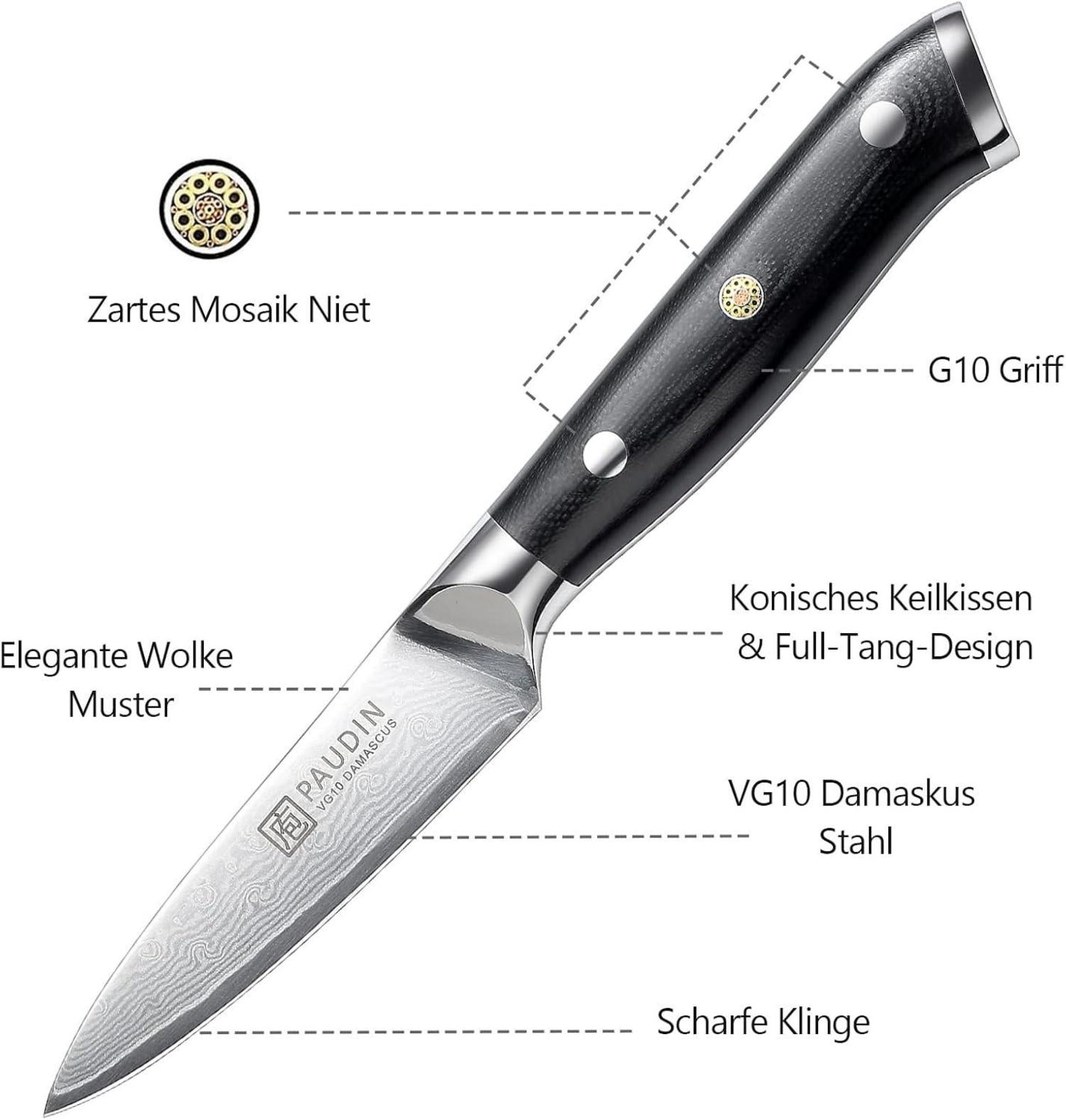 Damast Schälmesser 9 cm Obst Gemüsemesser VG10 Klinge G10-Griff