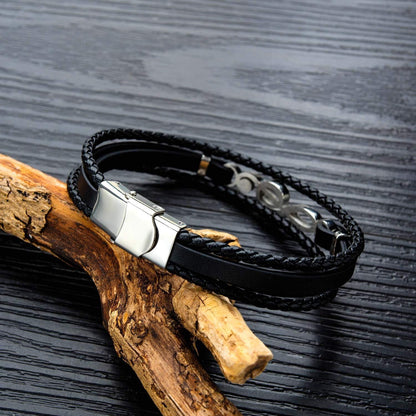 Herren Geflochtenes Leder Armband Schwarz Edelstahl 21 cm