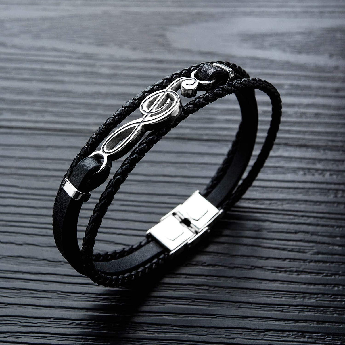 Herren Geflochtenes Leder Armband Schwarz Edelstahl 21 cm