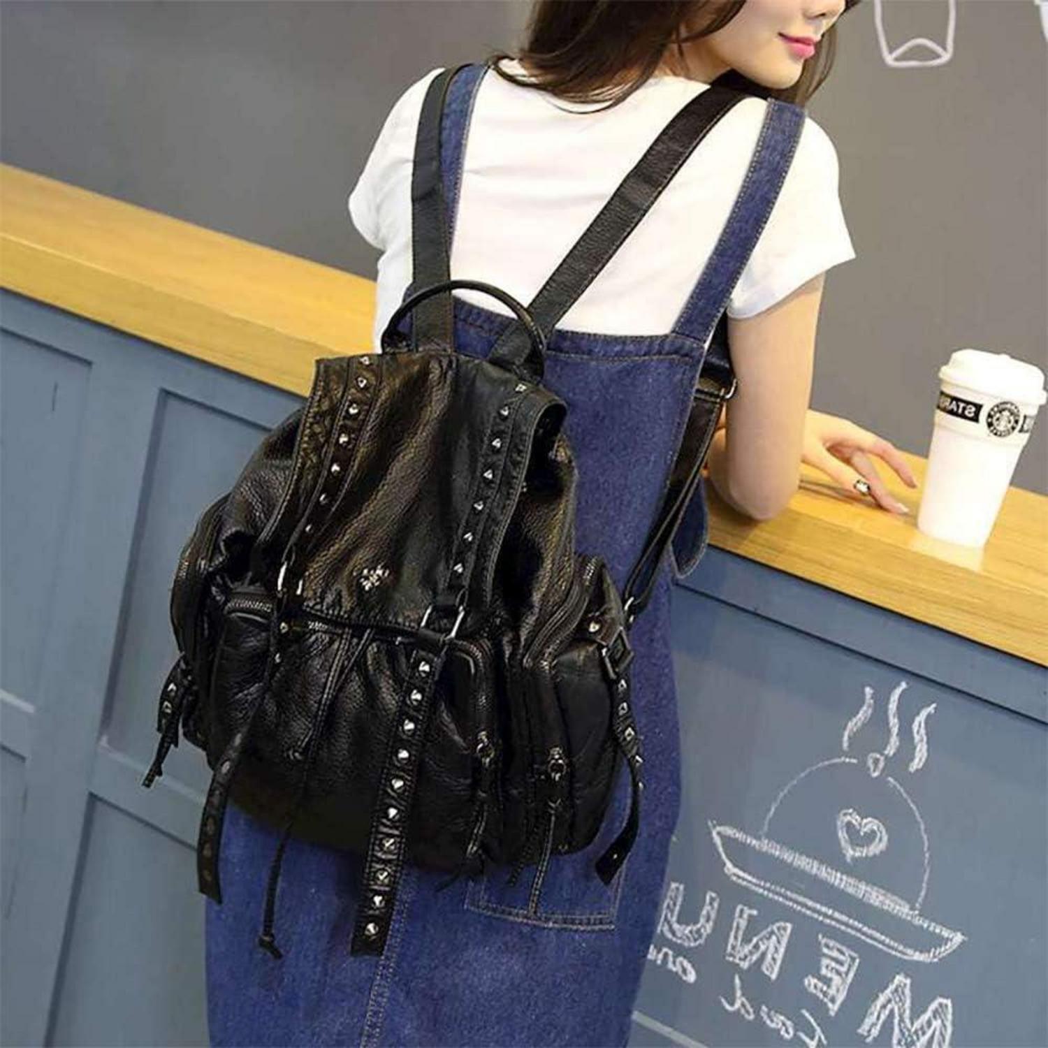 Punk Rucksackhandtasche mit Niet in Schwarz aus PU-Leder