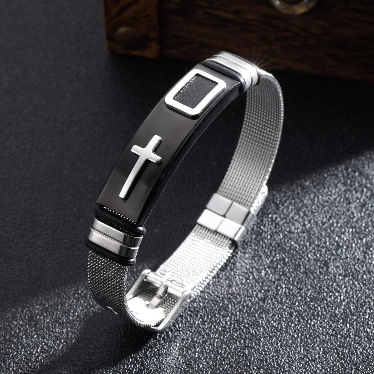 Herren Edelstahl Armband Einstellbar Mesh Armreif Kreuz