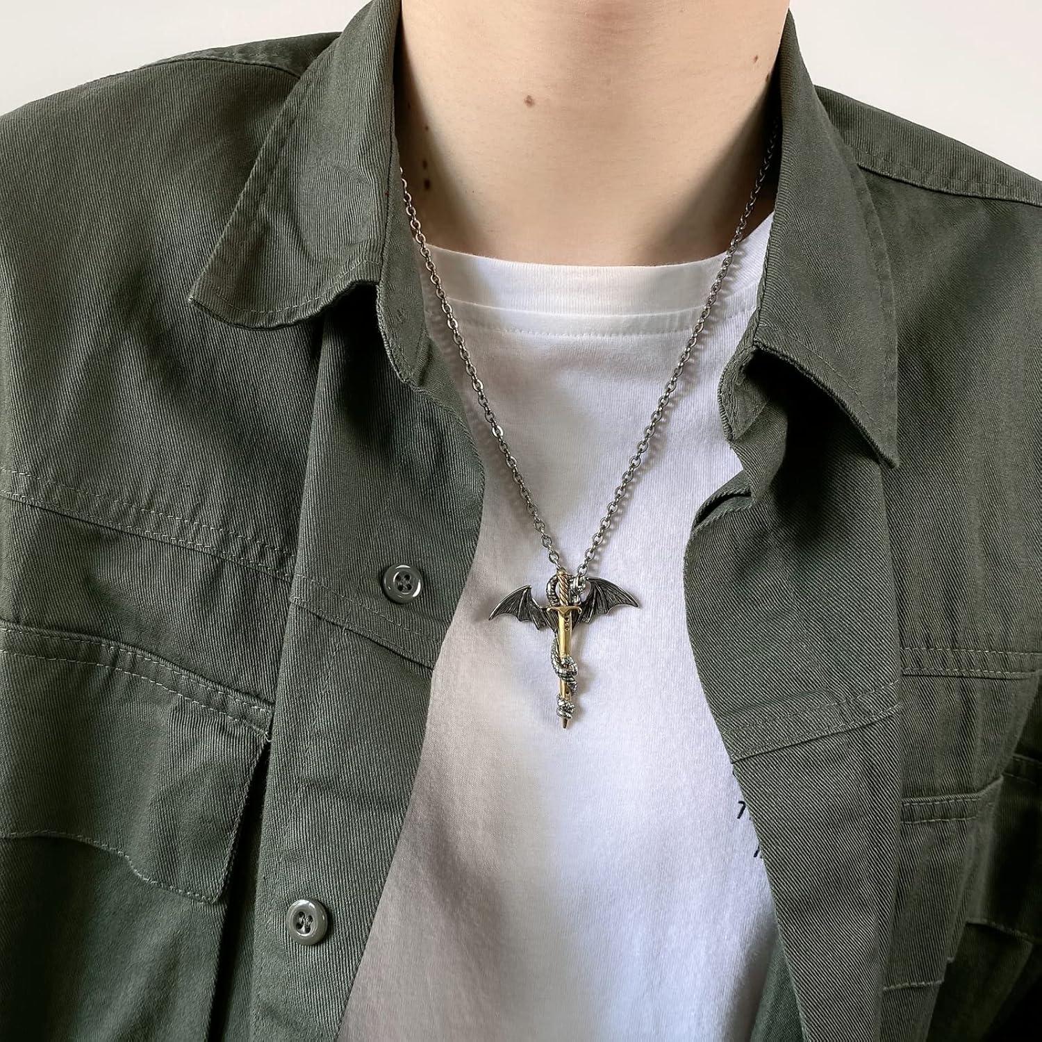 OSTAN Edelstahl Drache Schwert Anhänger Halskette Herren Silber Gold Box