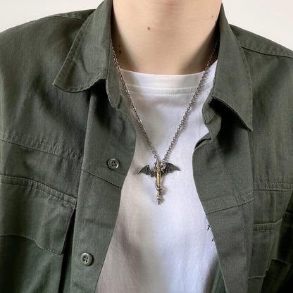 OSTAN Edelstahl Drache Schwert Anhänger Halskette Herren Silber Gold Box