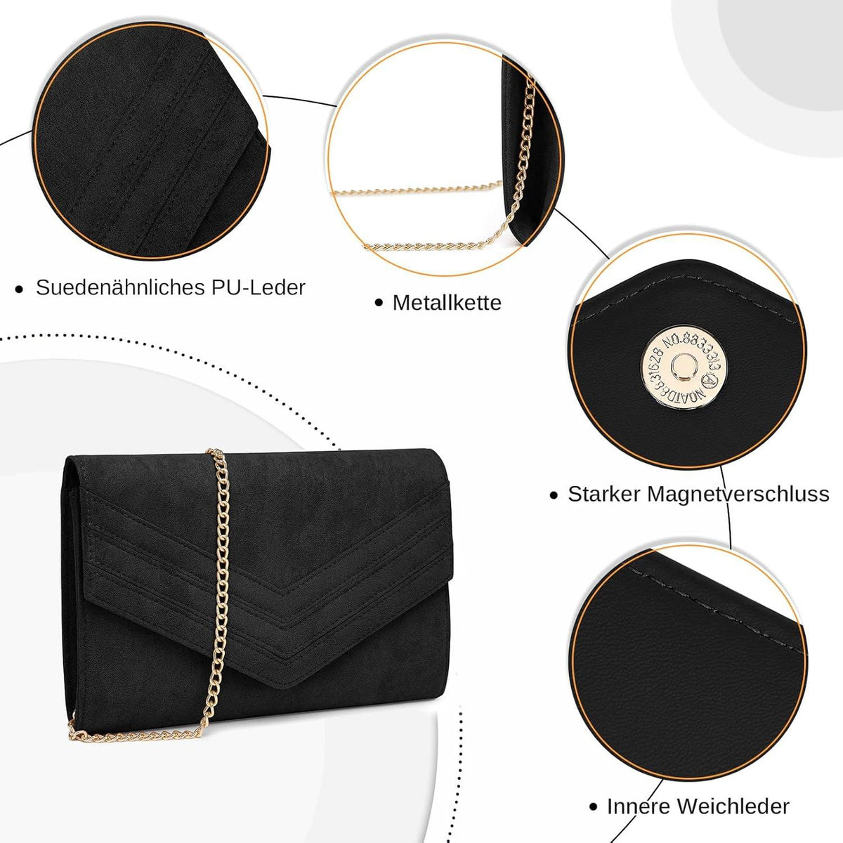 Miss Lulu Damen Clutch Envelope Abendtasche Kettentasche Hochzeit Elegant
