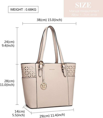 Miss Lulu Damen Handtasche Schultertasche Laser-Gravur A4 Groß PU-Leder Schwarz
