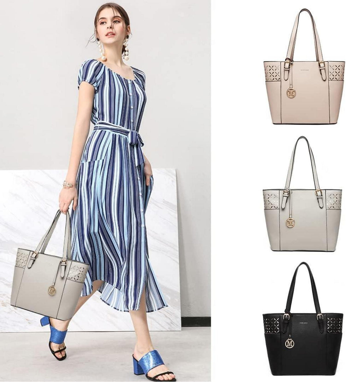 Große Damen Handtasche Shopper Schwarz Pu-Leder Schultertasche
