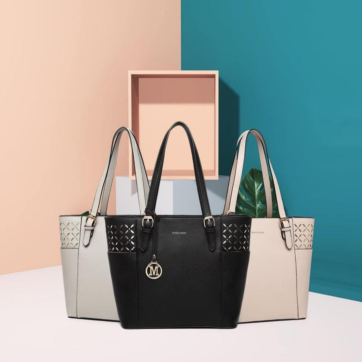 Miss Lulu Damen Handtasche Schultertasche Laser-Gravur A4 Groß PU-Leder Schwarz