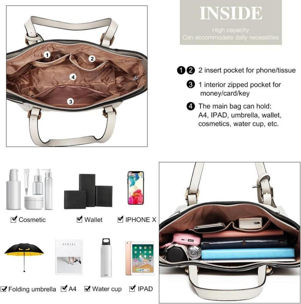Große Damen Handtasche Pu-Leder Schultertasche mit Reißverschluss