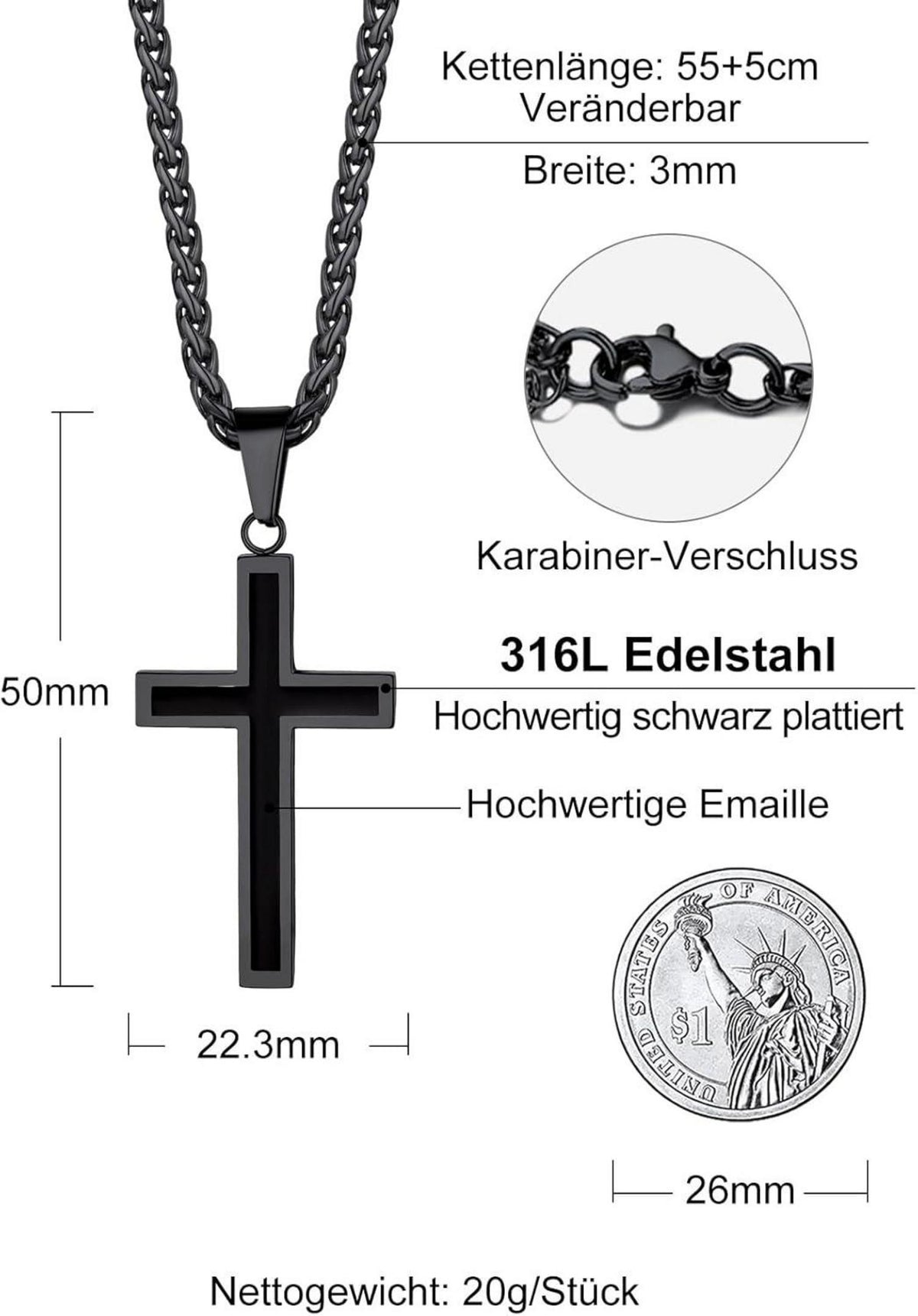 Edelstahl Kreuz Anhänger Halskette Silber Gold Schwarz 50+5cm Nette Geschenkbox