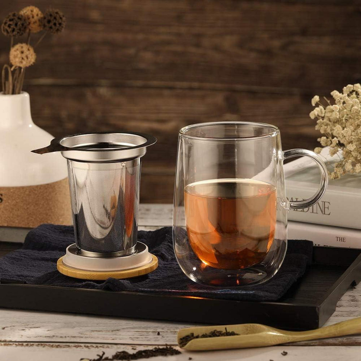 430ml Doppelwandige Glas Teetasse Metallsieb Borosilikat Teebecher