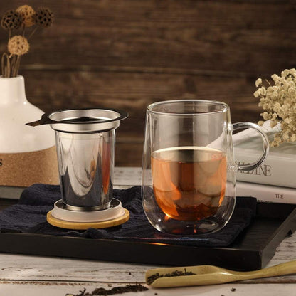 430ml Doppelwandige Glas Teetasse Metallsieb Borosilikat Teebecher