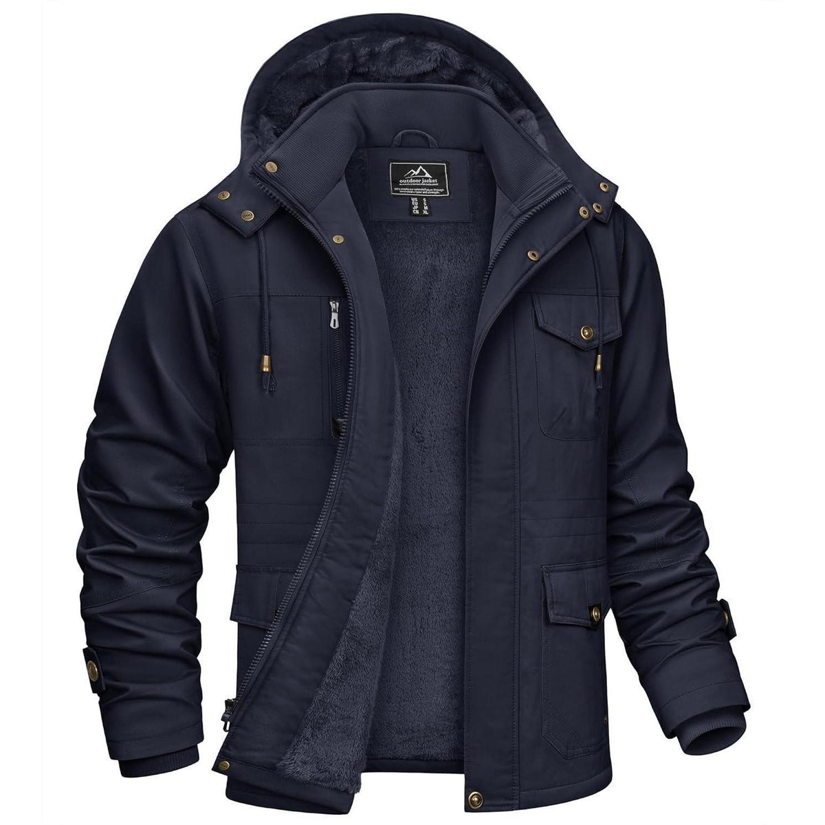 Herren Winterjacke gefüttert mit Kapuze & Cargo Taschen Dunkelblau