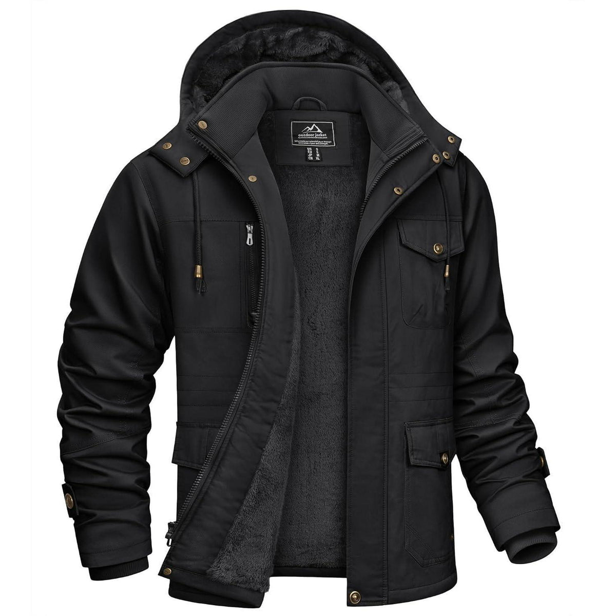 Herren Winterparka mit Kapuze & Cargo Taschen Schwarz