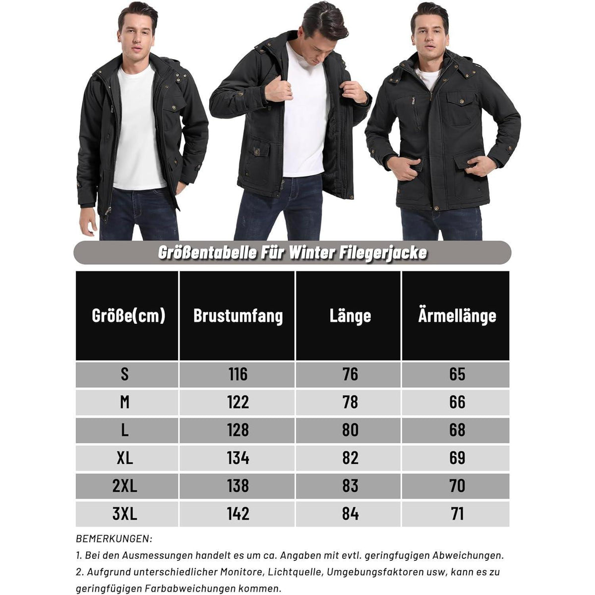 Herren Winterparka mit Kapuze & Cargo Taschen Schwarz
