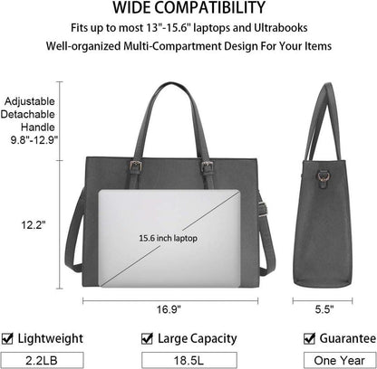 Große Damen Handtasche Schwarz Leder 15.6 Zoll Laptop Umhängetasche