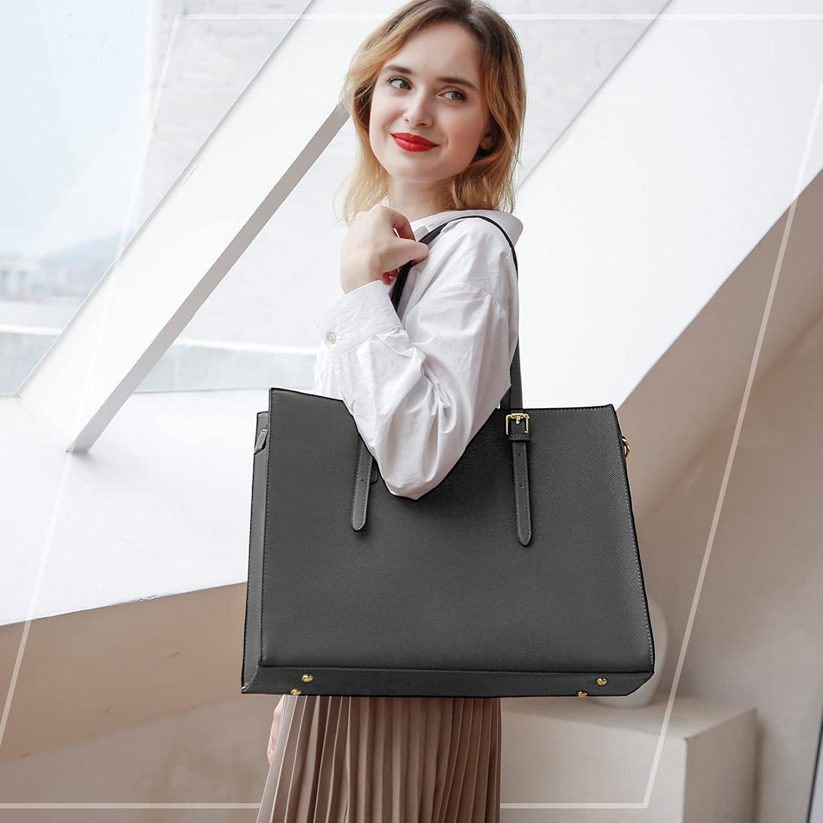 Große Schwarze Damen Handtasche Leder Umhängetasche Business 15.6 Zoll