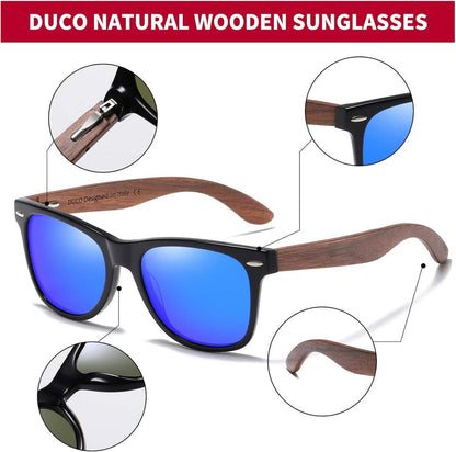 Polarisierte Sonnenbrille Herren Damen UV-Schutz Walnuss Holzrahmen 2141 Blau