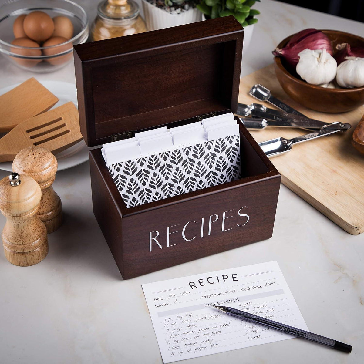 Holz Rezeptbox mit Rezeptkarten – Walnuss Rezeptkiste