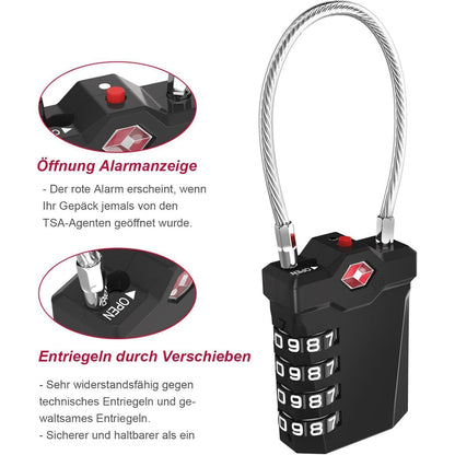 ZHEGE TSA Kabelschloss 4 Stellig Schwarz Silber 2 Stücke