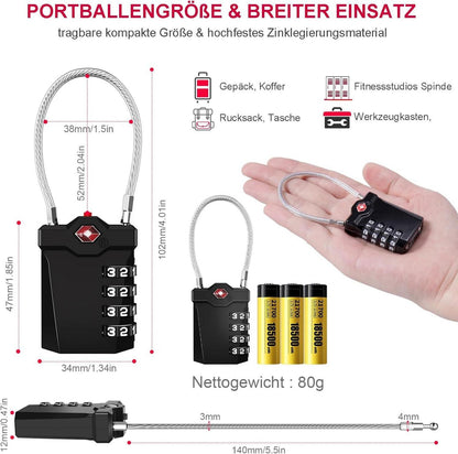 ZHEGE TSA Kabelschloss 4-Stellig Schwarz Silber 2er Set
