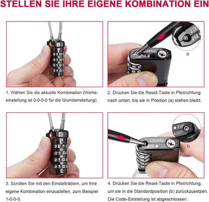 ZHEGE TSA Kabelschloss 4-Stellig Schwarz Silber 2er Set