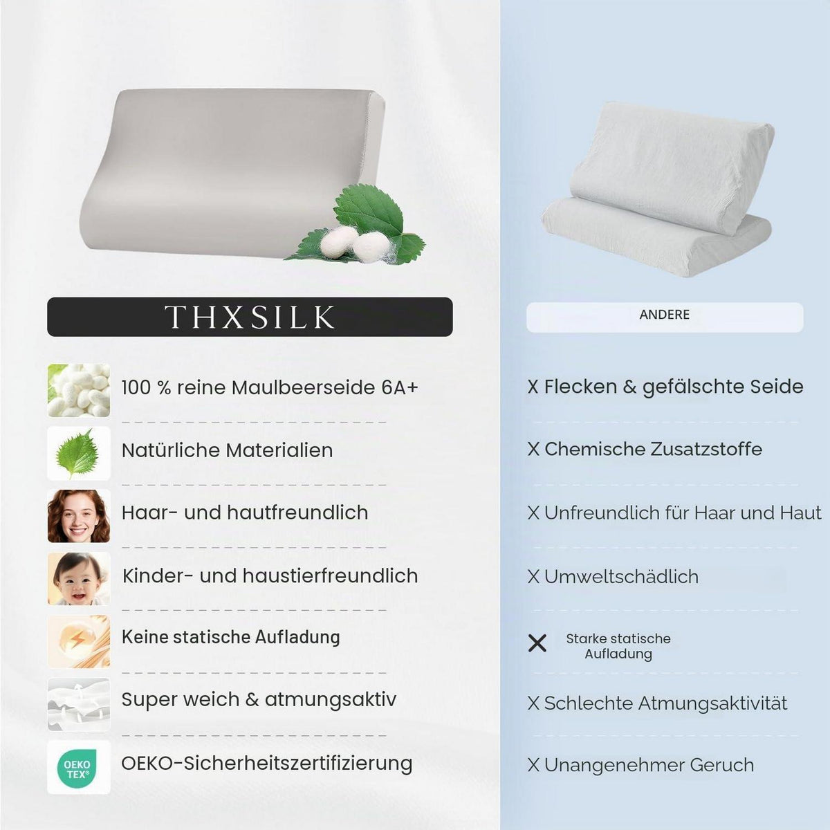 Seiden Kissenbezug für Kontur Kissen – Grau 50x30x10/7 cm