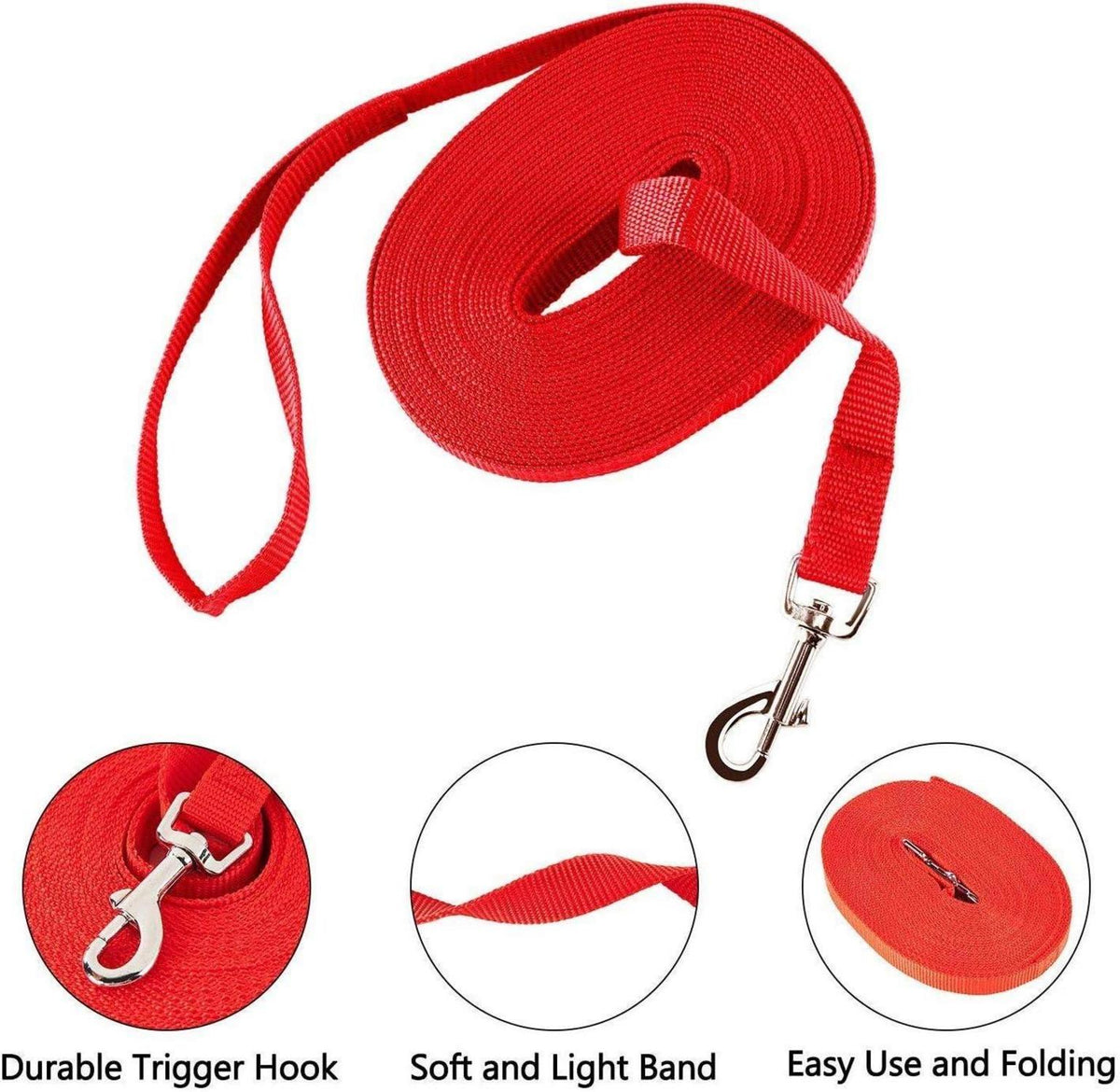 Schleppleine Nylon Hundeleine mit D-Karabiner und Griffpolster in Rot 5m