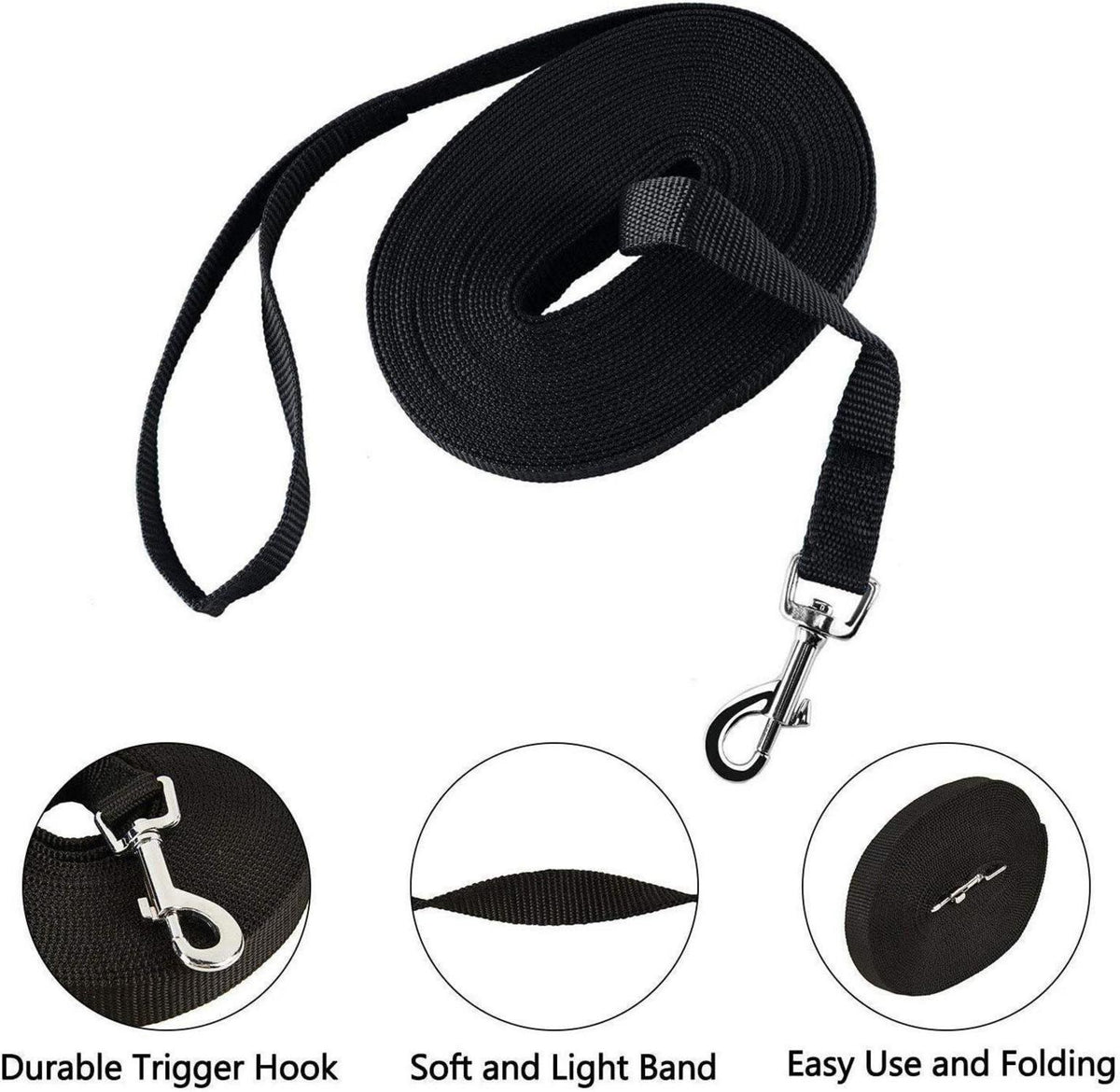 HUNDE SCHLEPPLEINE Nylon Trainingsleine 5m Schwarz D-Karabiner & Griffpolster