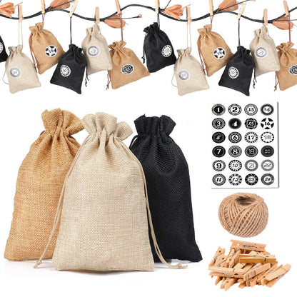 Adventskalender Stoffbeutel Set mit Zahlenaufkleber & Jutebeutel