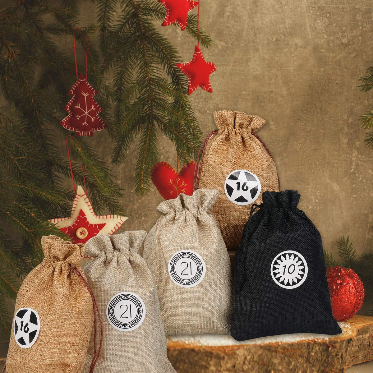 Adventskalender Stoffbeutel Set mit Zahlenaufkleber & Jutebeutel
