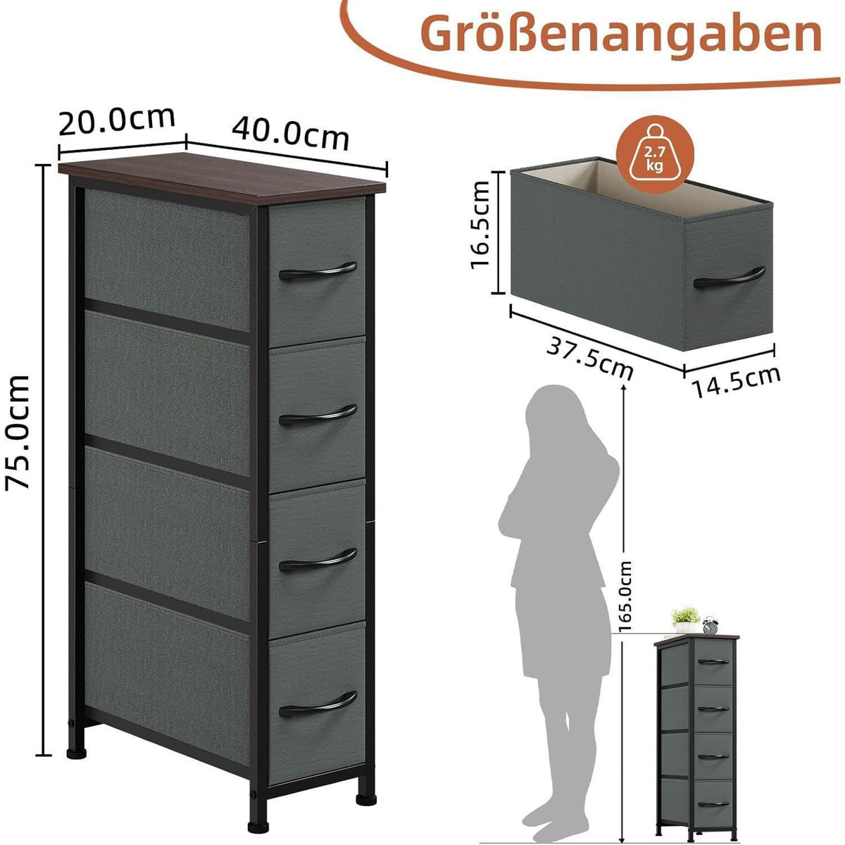 Somdot Kommode mit 4 Schubladen – Schmaler Aufbewahrungsschrank Grau