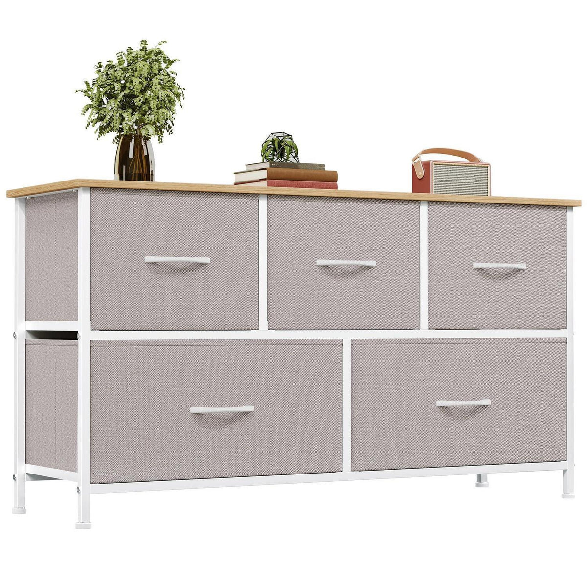 Kommode mit 5 Stoffschubladen – Aschgrau, 100x30x55 cm