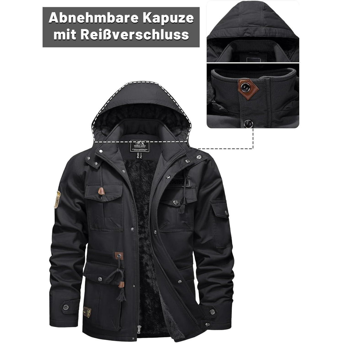 Herren Winterjacke Warm Gefüttert Militärstil Grau