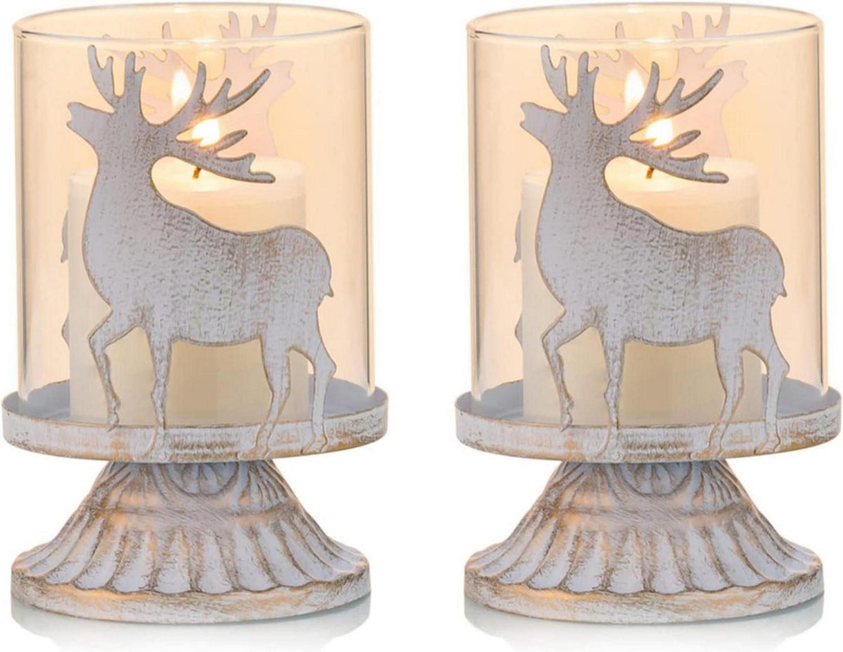 Kerzenhalter Set 2 Stk. weißes Metall Dekoration Hurrikan-Glas Shabby