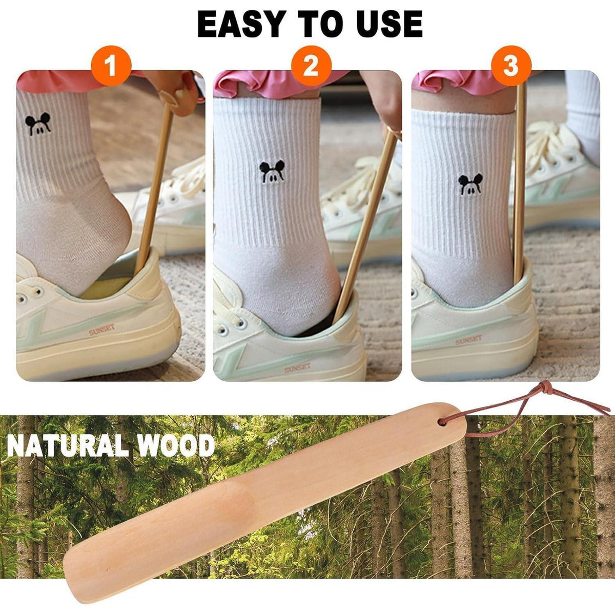 Holz Schuhlöffel Lang mit Lederseil, 2 Stück 26cm Hellbraun
