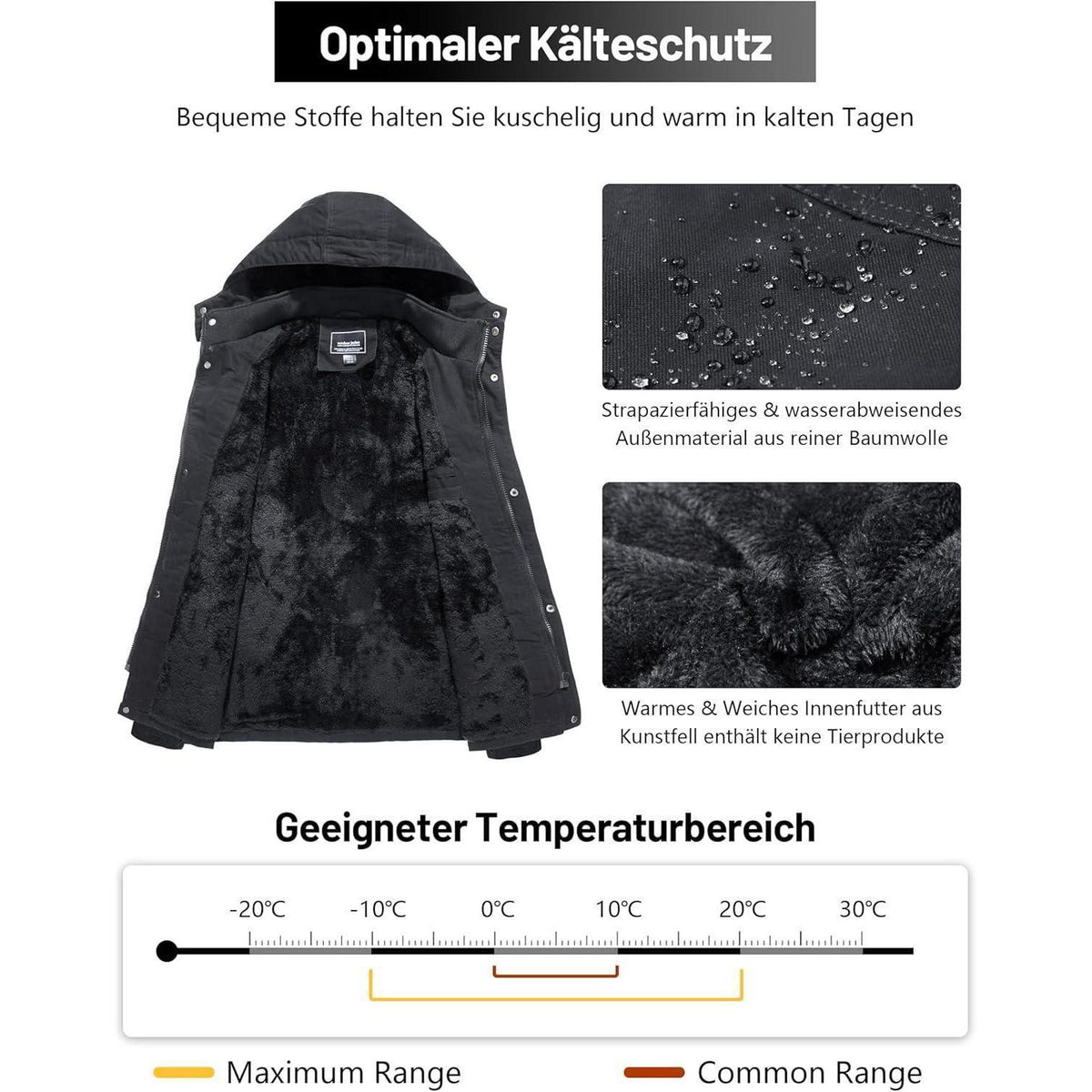 Herren Winterparka Fleecegefüttert mit Taschen & Kapuze Dunkelgrau