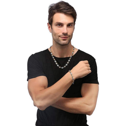Herren Kaffeebohnen Kette & Armband Set Edelstahl 6mm Silber 51cm